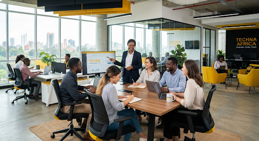 Aviritech team collaborating in a bright open-plan office