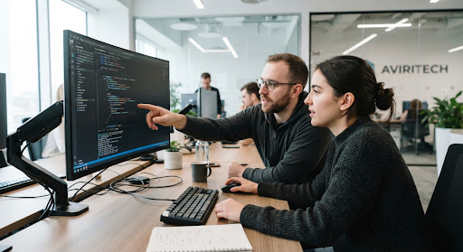 Engineers collaborating around a monitor