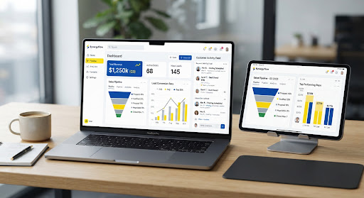 CRM dashboard on laptop and tablet showing sales funnel and pipeline