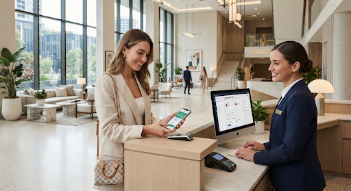 Hotel guest checking in at a front desk