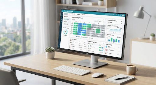 Hotel PMS dashboard on a front desk monitor