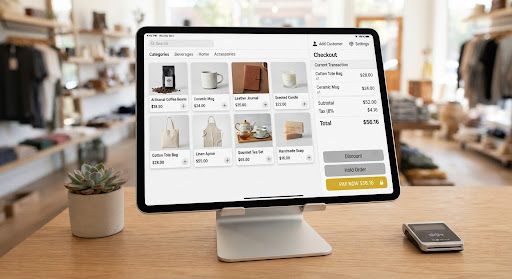 POS tablet showing a product catalogue in a boutique